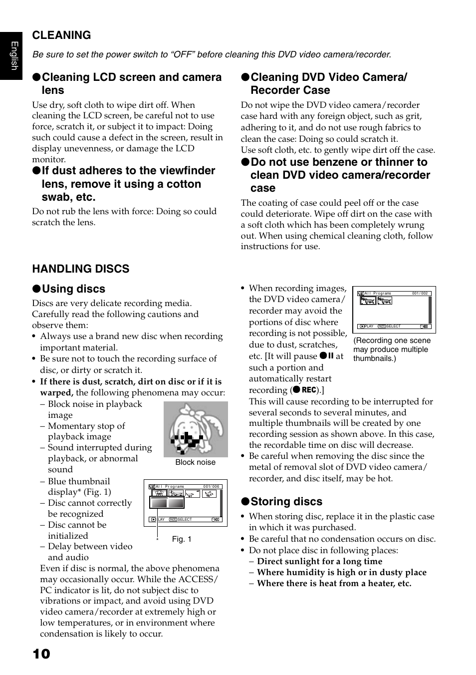 Cleaning, Cleaning lcd screen and camera lens, Cleaning dvd video camera/ recorder case | Handling discs ● using discs, Storing discs | Hitachi DZ-HS300A User Manual | Page 10 / 170
