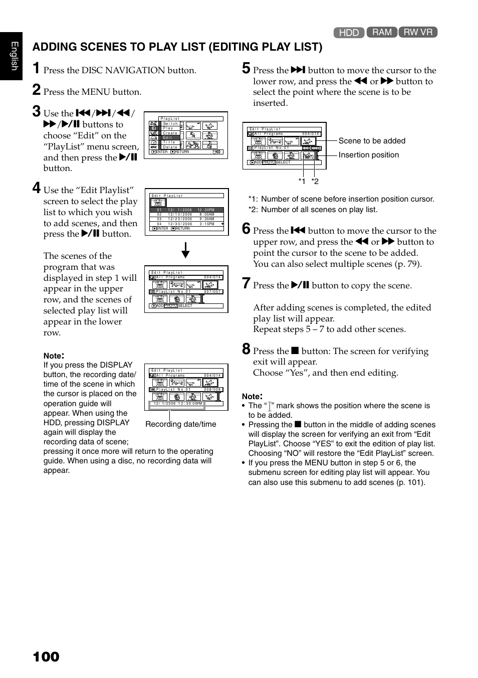 Adding scenes to play list (editing play list) | Hitachi DZ-HS300A User Manual | Page 100 / 170