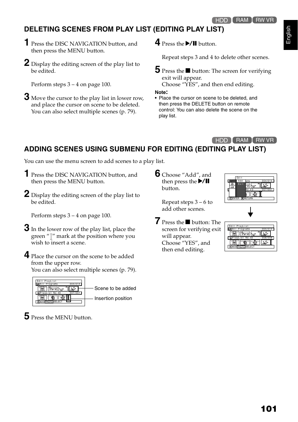 Deleting scenes from play list (editing play list) | Hitachi DZ-HS300A User Manual | Page 101 / 170
