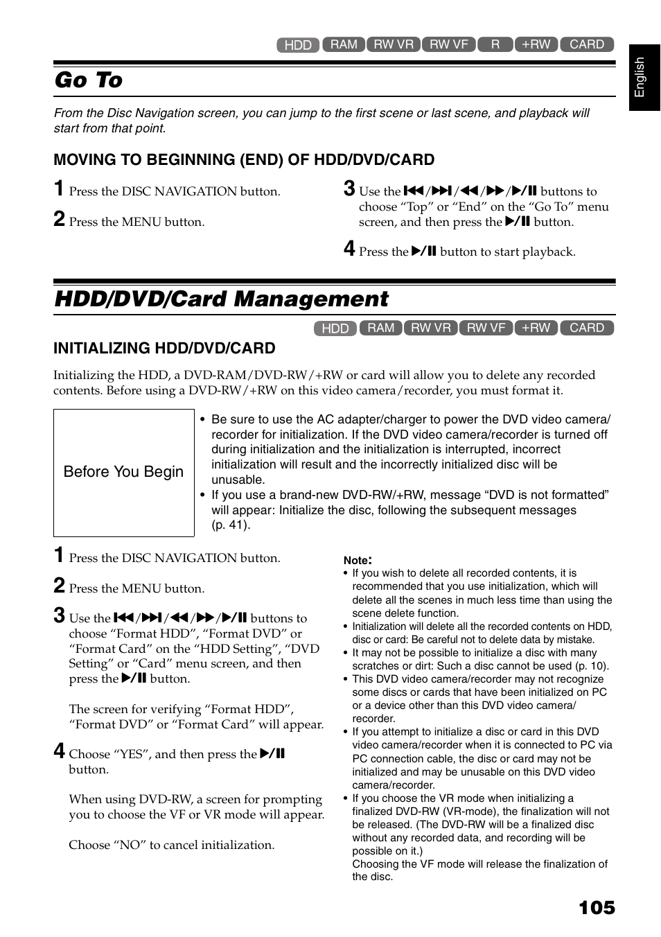 Go to, Hdd/dvd/card management | Hitachi DZ-HS300A User Manual | Page 105 / 170