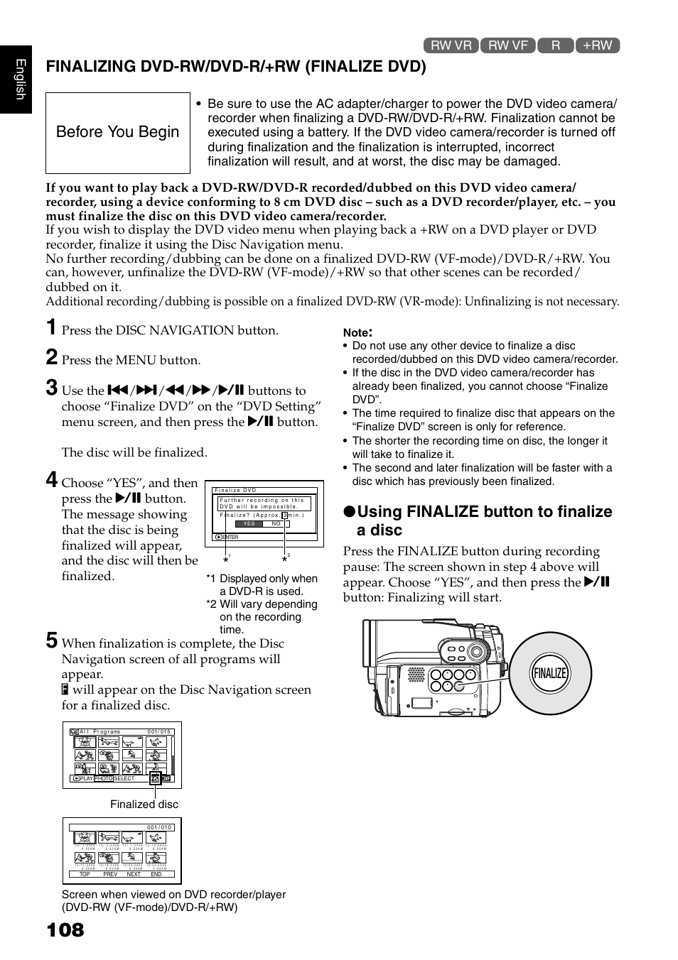 Finalizing dvd-rw/dvd-r/+rw (finalize dvd), Using finalize button to finalize a disc, Before you begin | Finalize, Engli s h, Press the disc navigation button, Press the menu button | Hitachi DZ-HS300A User Manual | Page 108 / 170