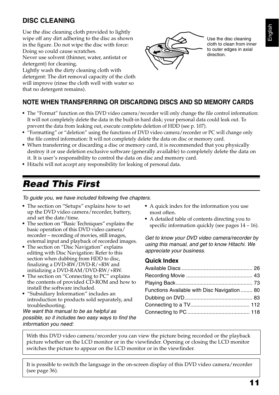 Read this first, Disc cleaning | Hitachi DZ-HS300A User Manual | Page 11 / 170