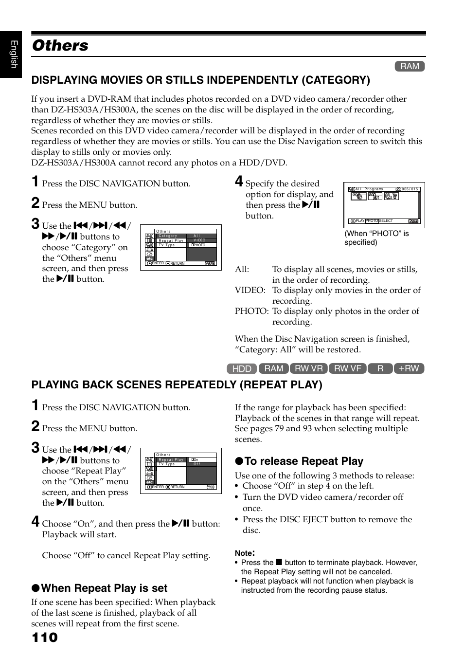 Others, Playing back scenes repeatedly (repeat play), When repeat play is set | Hitachi DZ-HS300A User Manual | Page 110 / 170