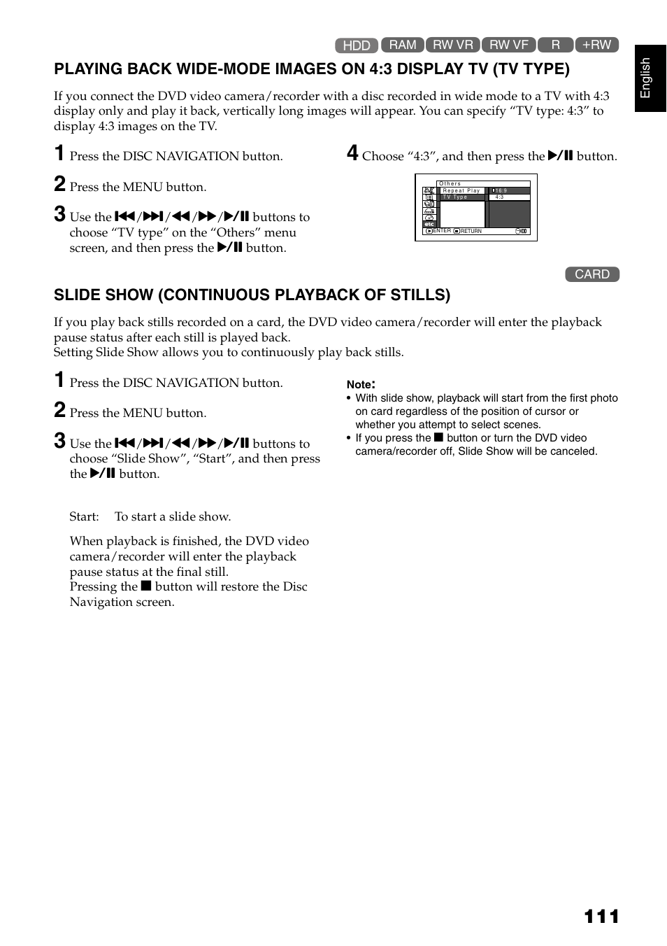 Slide show (continuous playback of stills) | Hitachi DZ-HS300A User Manual | Page 111 / 170