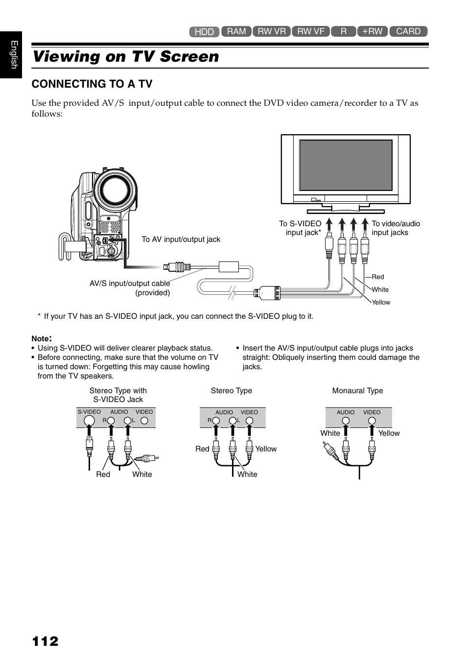 Viewing on tv screen, Connecting to a tv | Hitachi DZ-HS300A User Manual | Page 112 / 170