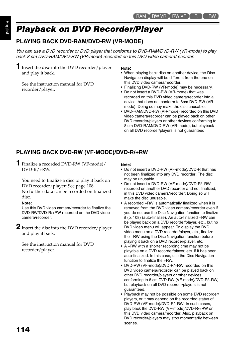 Playback on dvd recorder/player, Playing back dvd-ram/dvd-rw (vr-mode), Playing back dvd-rw (vf-mode)/dvd-r/+rw | Hitachi DZ-HS300A User Manual | Page 114 / 170