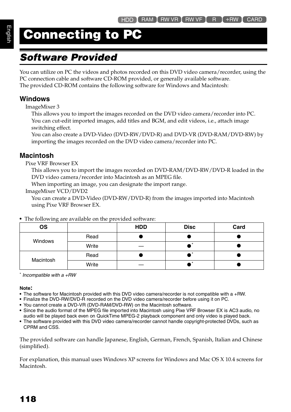 Connecting to pc, Software provided, Windows | Macintosh | Hitachi DZ-HS300A User Manual | Page 118 / 170