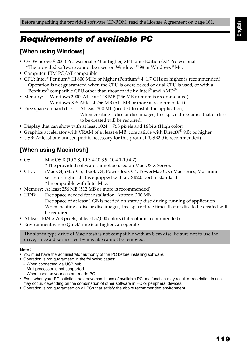 Requirements of available pc, When using windows, When using macintosh | Hitachi DZ-HS300A User Manual | Page 119 / 170