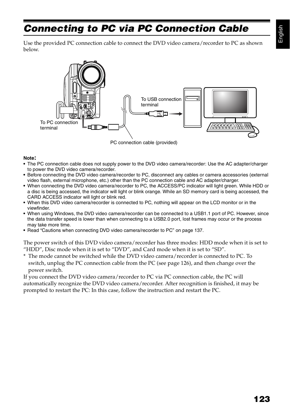 Connecting to pc via pc connection cable | Hitachi DZ-HS300A User Manual | Page 123 / 170