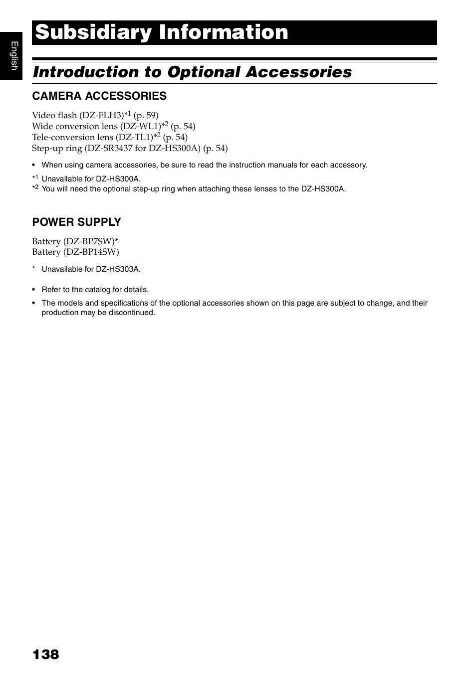 Subsidiary information, Introduction to optional accessories, Camera accessories | Power supply | Hitachi DZ-HS300A User Manual | Page 138 / 170