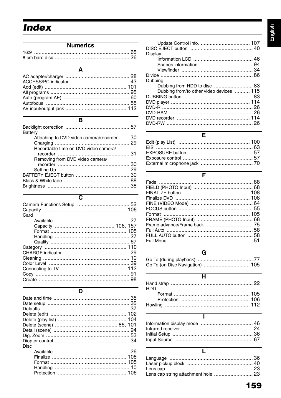 Index, Numerics | Hitachi DZ-HS300A User Manual | Page 159 / 170