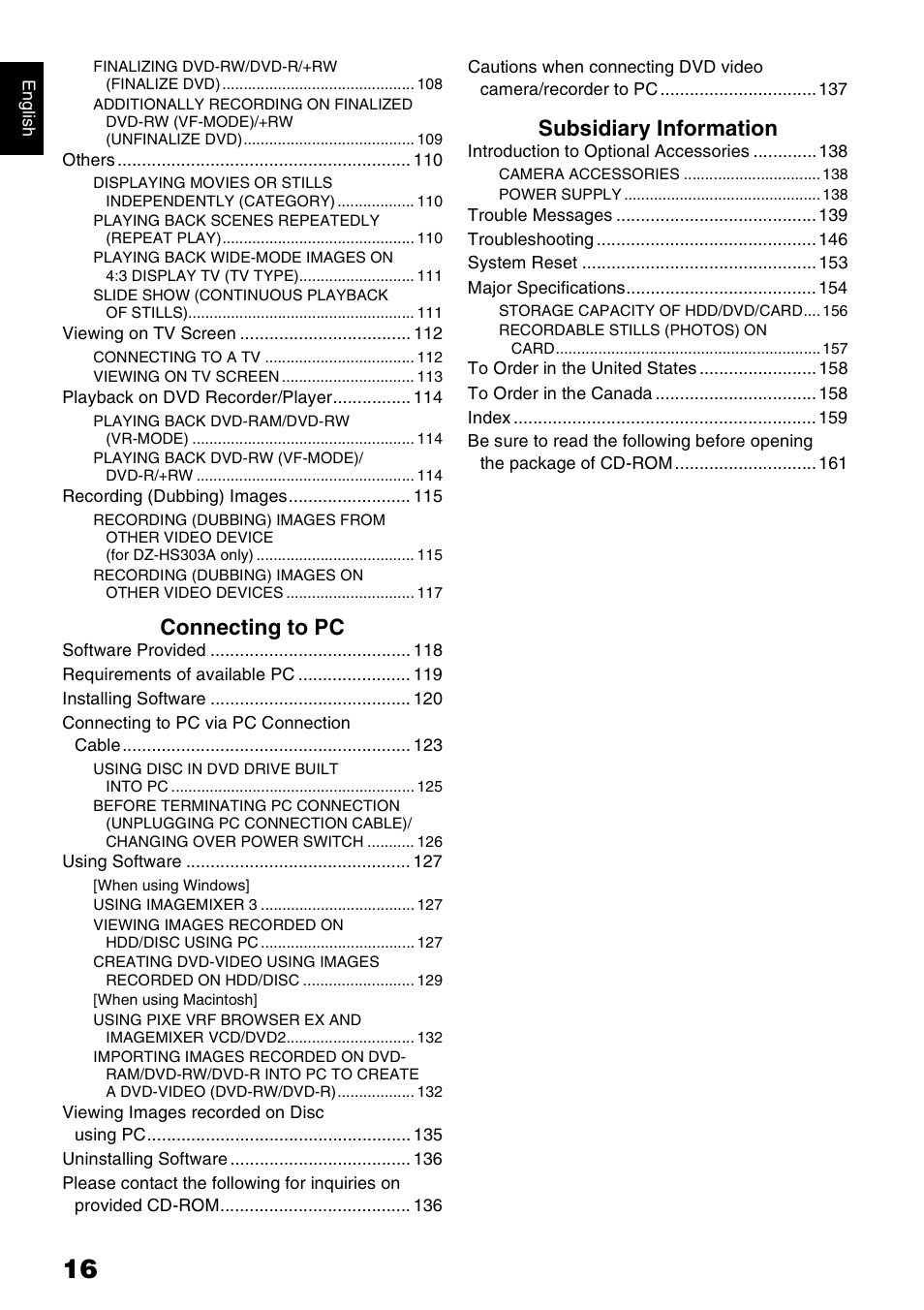 Connecting to pc, Subsidiary information | Hitachi DZ-HS300A User Manual | Page 16 / 170