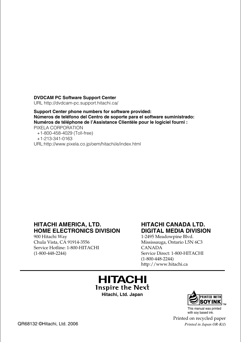 Hitachi america, ltd. home electronics division, Hitachi canada ltd. digital media division | Hitachi DZ-HS300A User Manual | Page 170 / 170