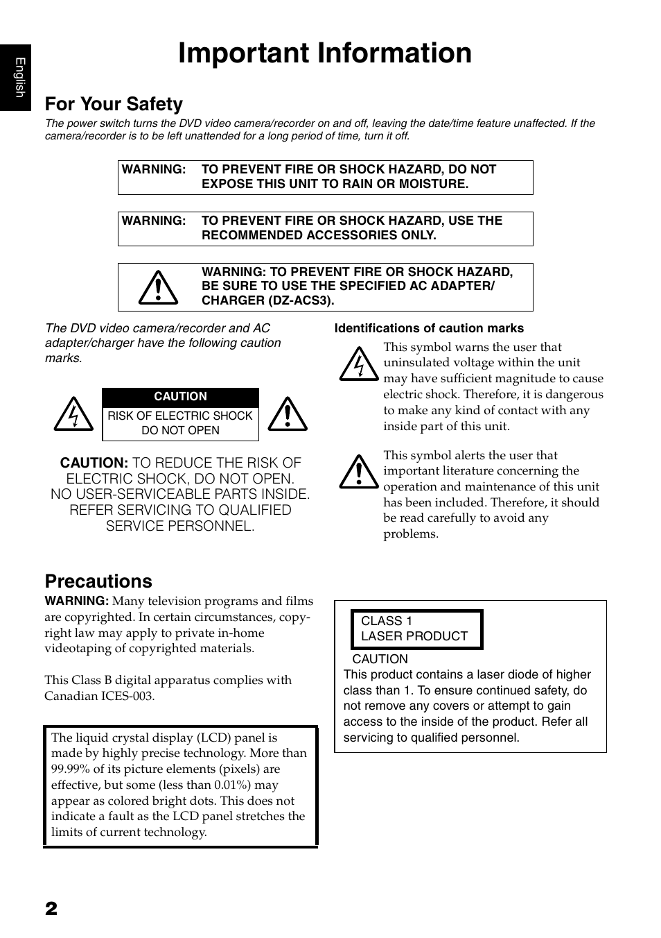 Important information, For your safety, Precautions | Hitachi DZ-HS300A User Manual | Page 2 / 170
