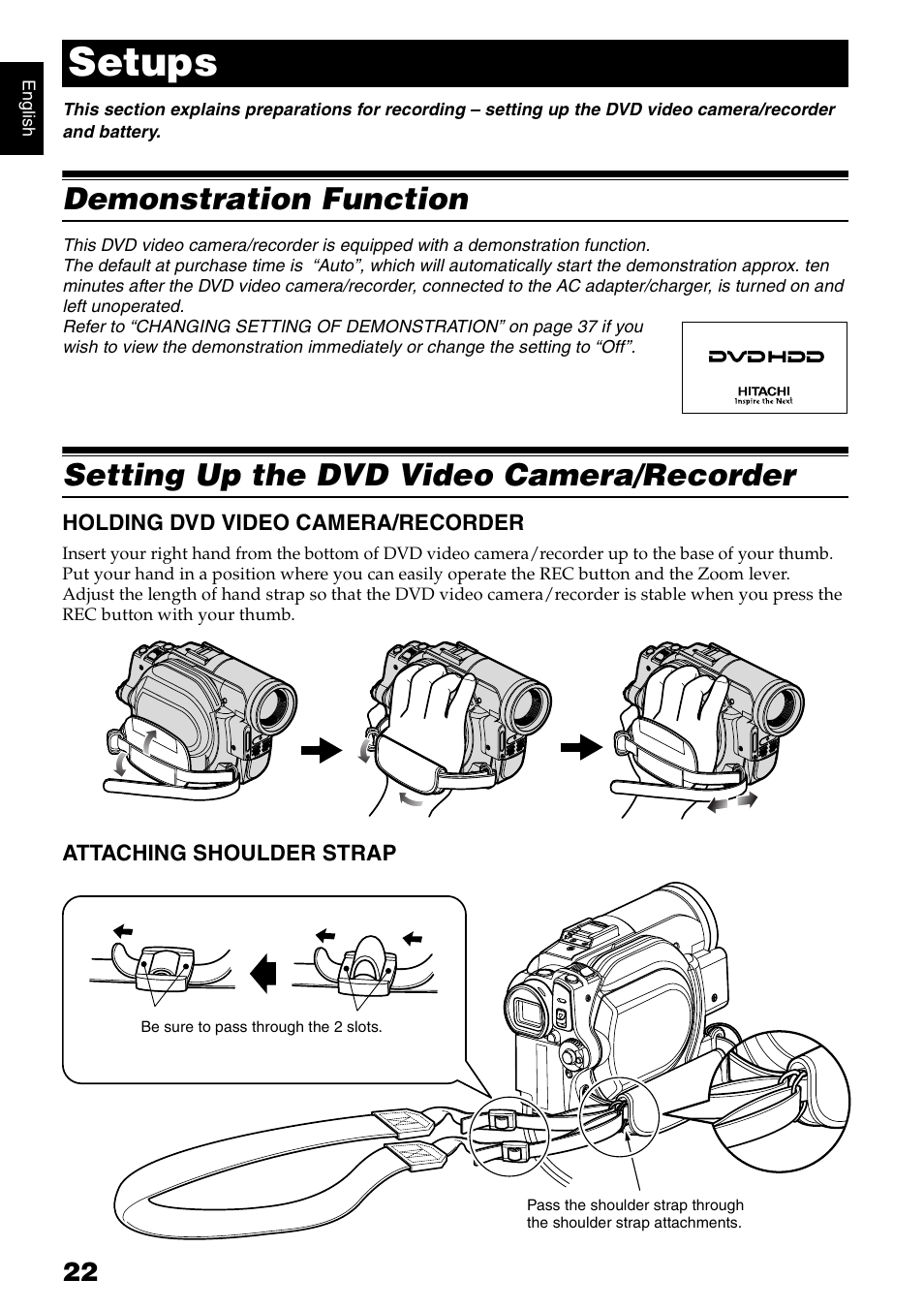 Setups, Demonstration function, Setting up the dvd video camera/recorder | Hitachi DZ-HS300A User Manual | Page 22 / 170