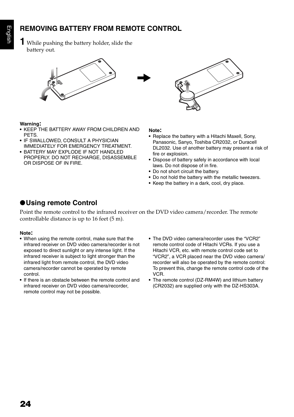 Removing battery from remote control, Using remote control | Hitachi DZ-HS300A User Manual | Page 24 / 170