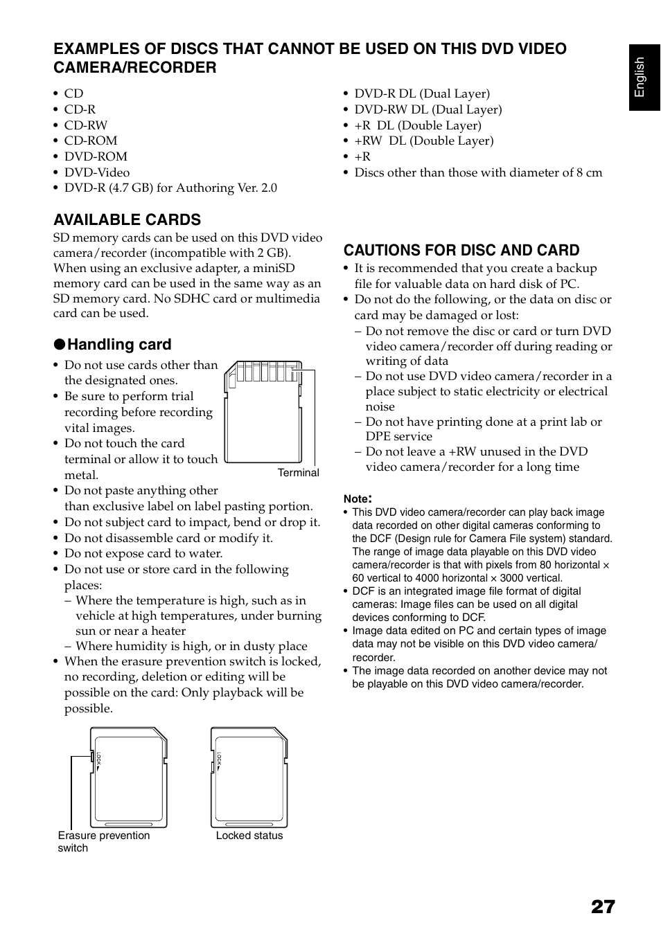 Available cards, Handling card, Cautions for disc and card | Hitachi DZ-HS300A User Manual | Page 27 / 170