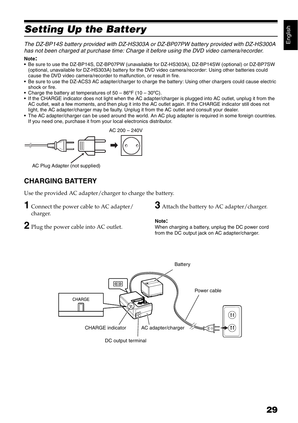 Setting up the battery, Charging battery | Hitachi DZ-HS300A User Manual | Page 29 / 170