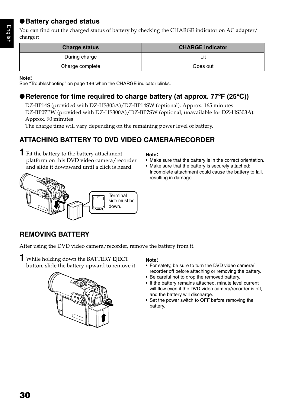 Battery charged status, Attaching battery to dvd video camera/recorder, Removing battery | Hitachi DZ-HS300A User Manual | Page 30 / 170