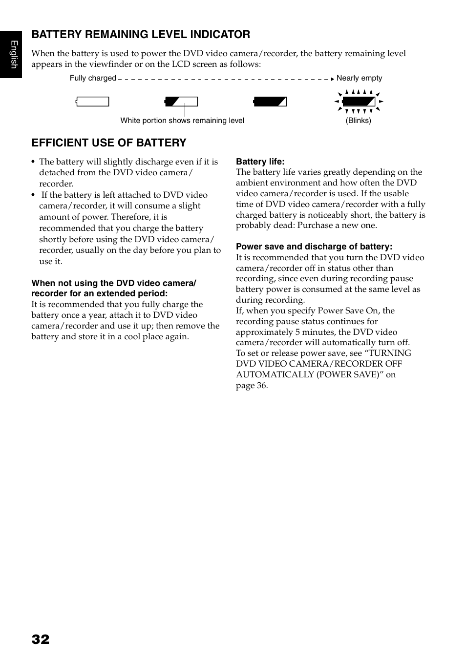 Battery remaining level indicator, Efficient use of battery | Hitachi DZ-HS300A User Manual | Page 32 / 170