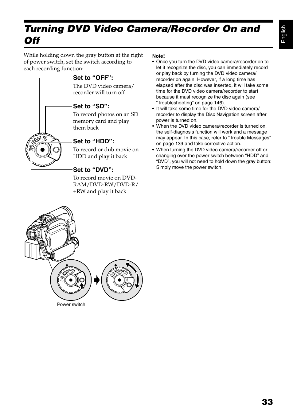 Turning dvd video camera/recorder on and off | Hitachi DZ-HS300A User Manual | Page 33 / 170