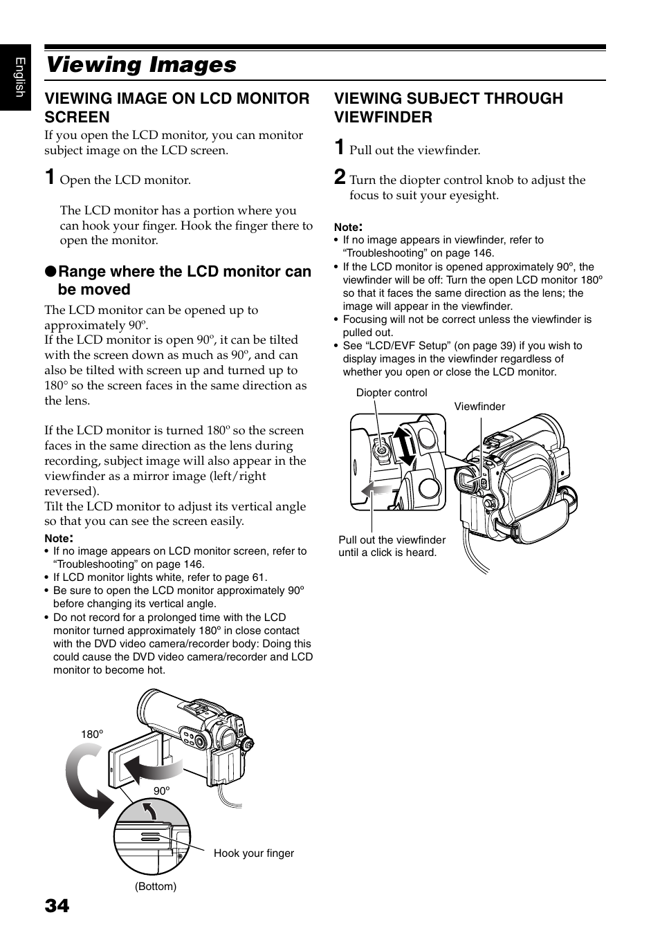 Viewing images, Viewing image on lcd monitor screen, Range where the lcd monitor can be moved | Viewing subject through viewfinder | Hitachi DZ-HS300A User Manual | Page 34 / 170