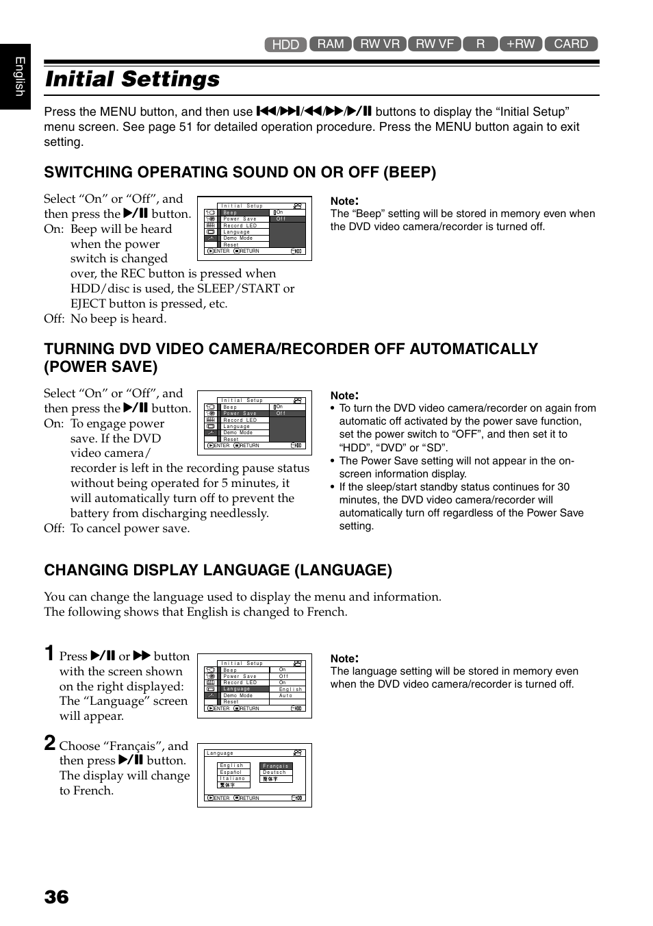 Initial settings, Switching operating sound on or off (beep), Changing display language (language) | Engli s h | Hitachi DZ-HS300A User Manual | Page 36 / 170