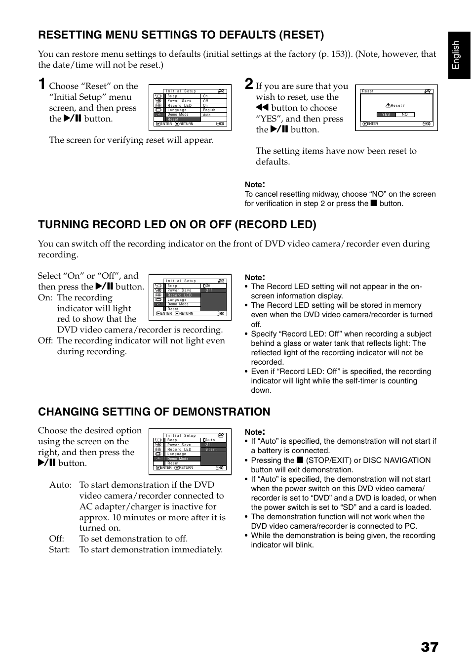 Resetting menu settings to defaults (reset), Turning record led on or off (record led), Changing setting of demonstration | Engli s h | Hitachi DZ-HS300A User Manual | Page 37 / 170