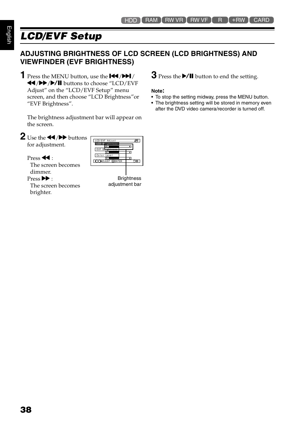 Lcd/evf setup | Hitachi DZ-HS300A User Manual | Page 38 / 170