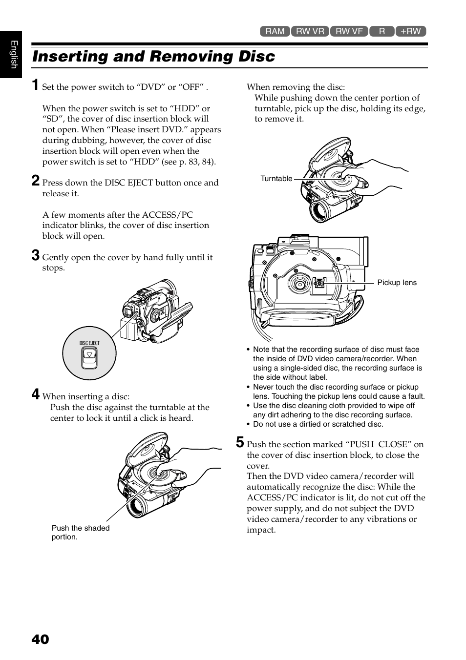 Inserting and removing disc 1 | Hitachi DZ-HS300A User Manual | Page 40 / 170