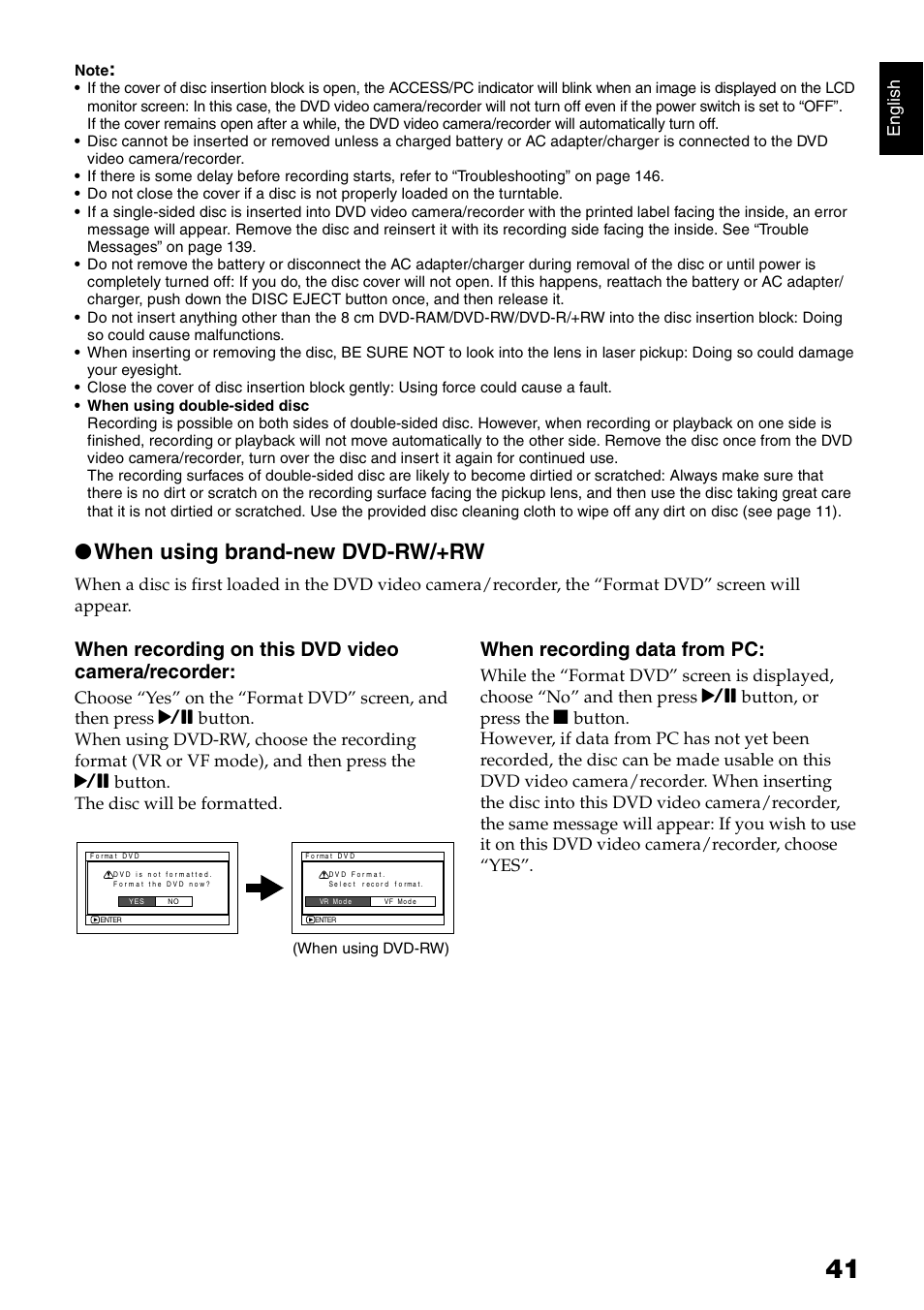 When using brand-new dvd-rw/+rw, When recording on this dvd video camera/recorder, When recording data from pc | Hitachi DZ-HS300A User Manual | Page 41 / 170