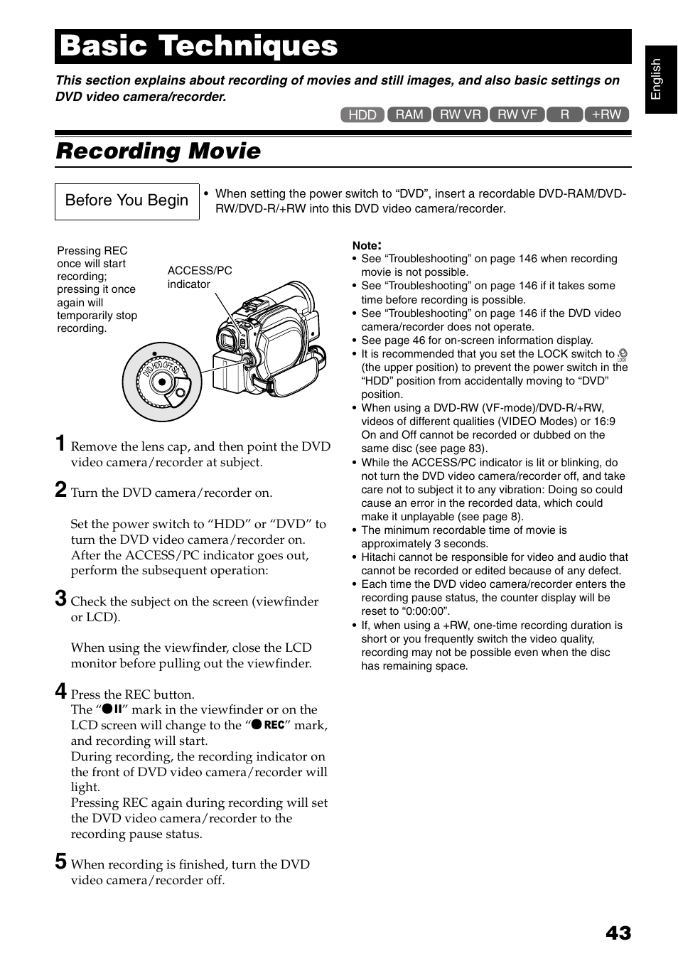 Basic techniques, Recording movie 1 | Hitachi DZ-HS300A User Manual | Page 43 / 170