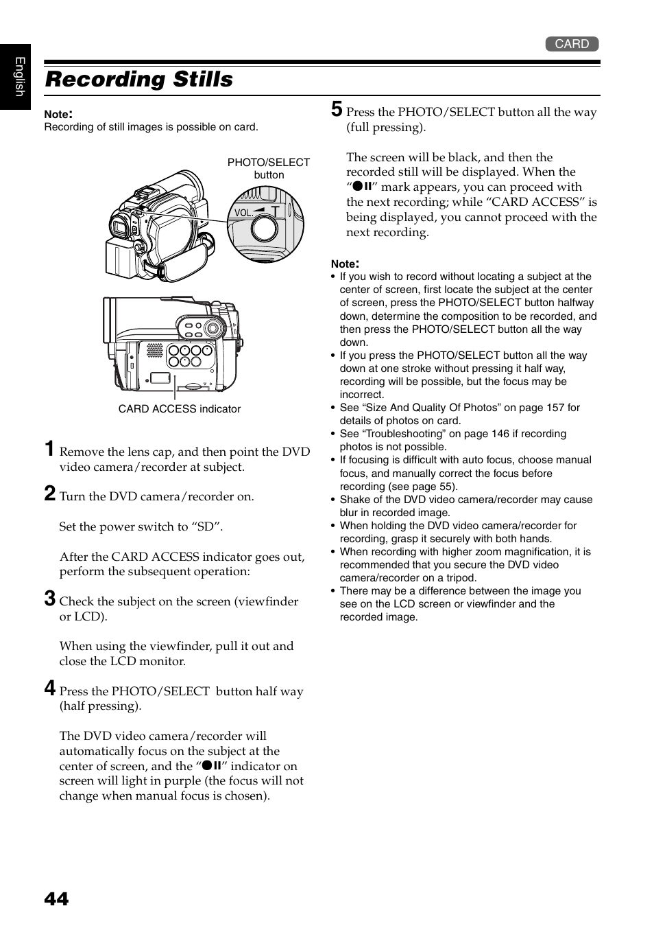 Recording stills | Hitachi DZ-HS300A User Manual | Page 44 / 170