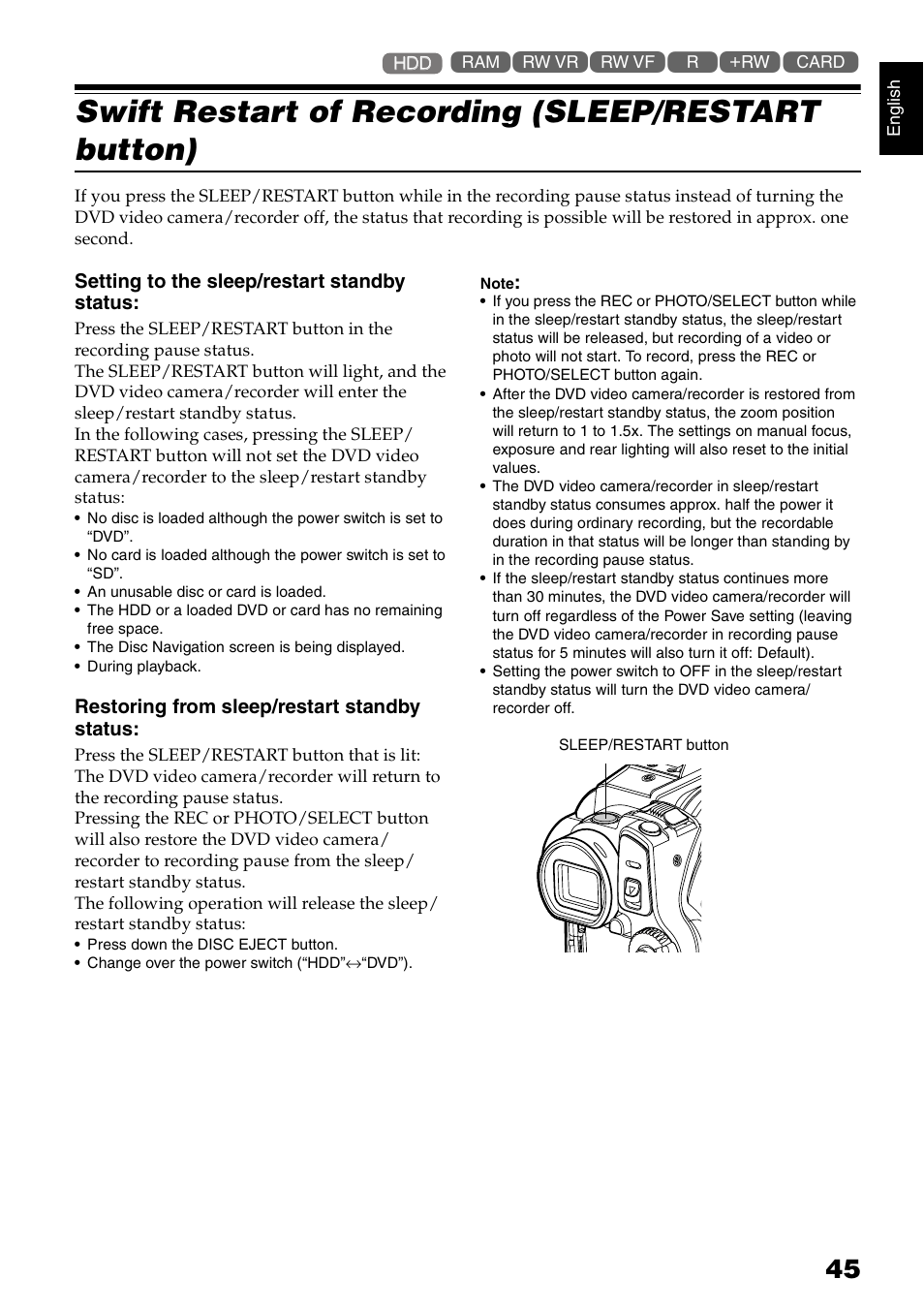 Swift restart of recording (sleep/restart button) | Hitachi DZ-HS300A User Manual | Page 45 / 170