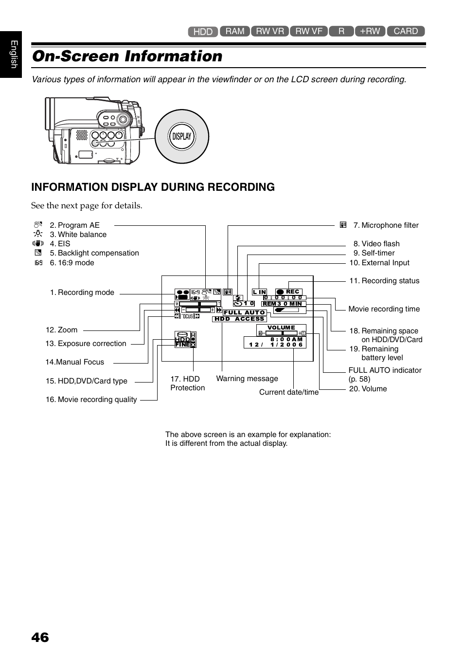 On-screen information, Information display during recording, Display | Hitachi DZ-HS300A User Manual | Page 46 / 170