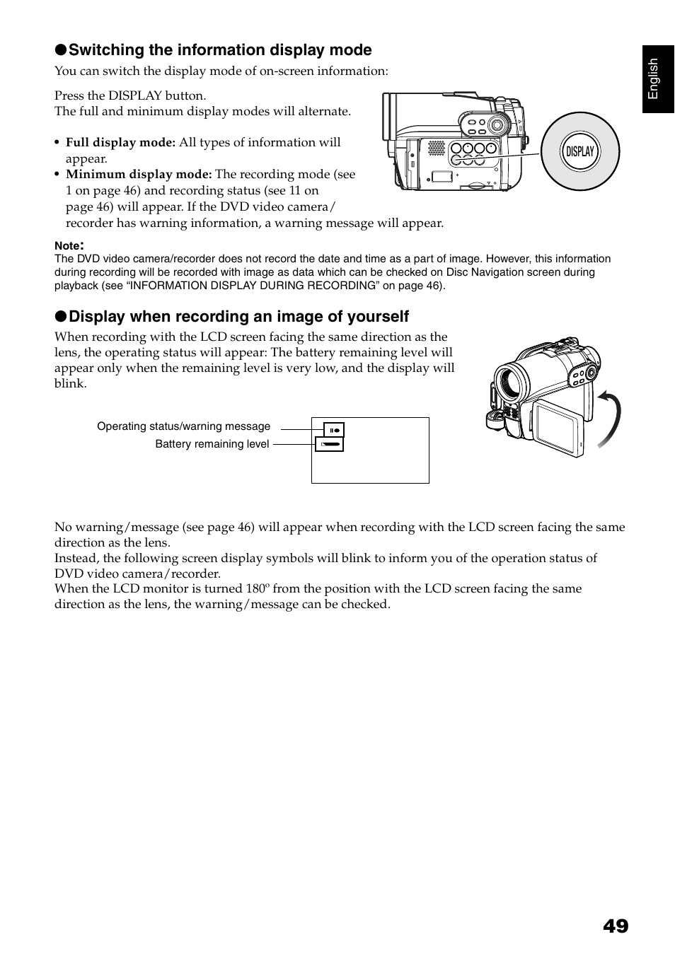 Switching the information display mode, Display when recording an image of yourself | Hitachi DZ-HS300A User Manual | Page 49 / 170