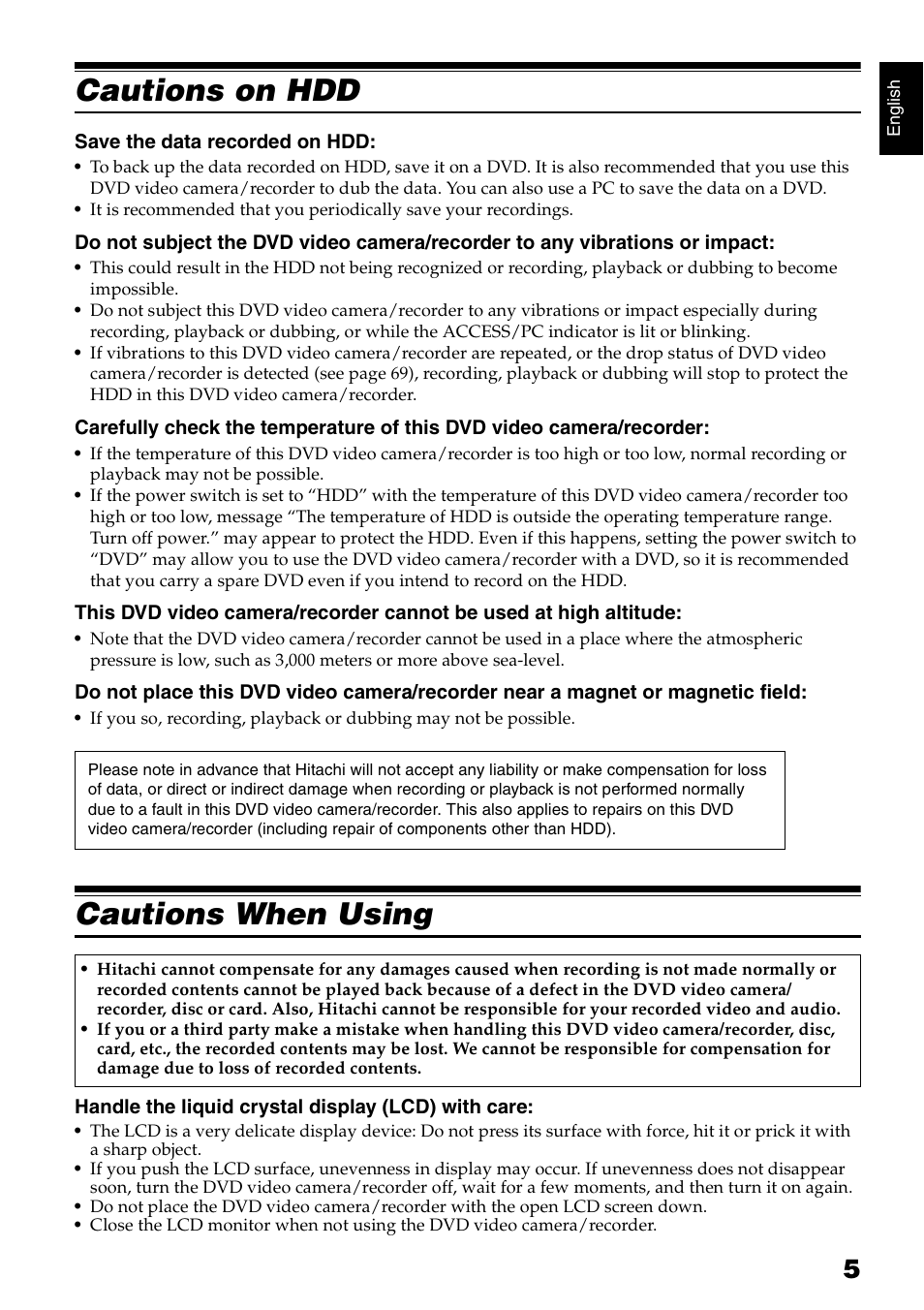 Cautions on hdd, Cautions when using | Hitachi DZ-HS300A User Manual | Page 5 / 170