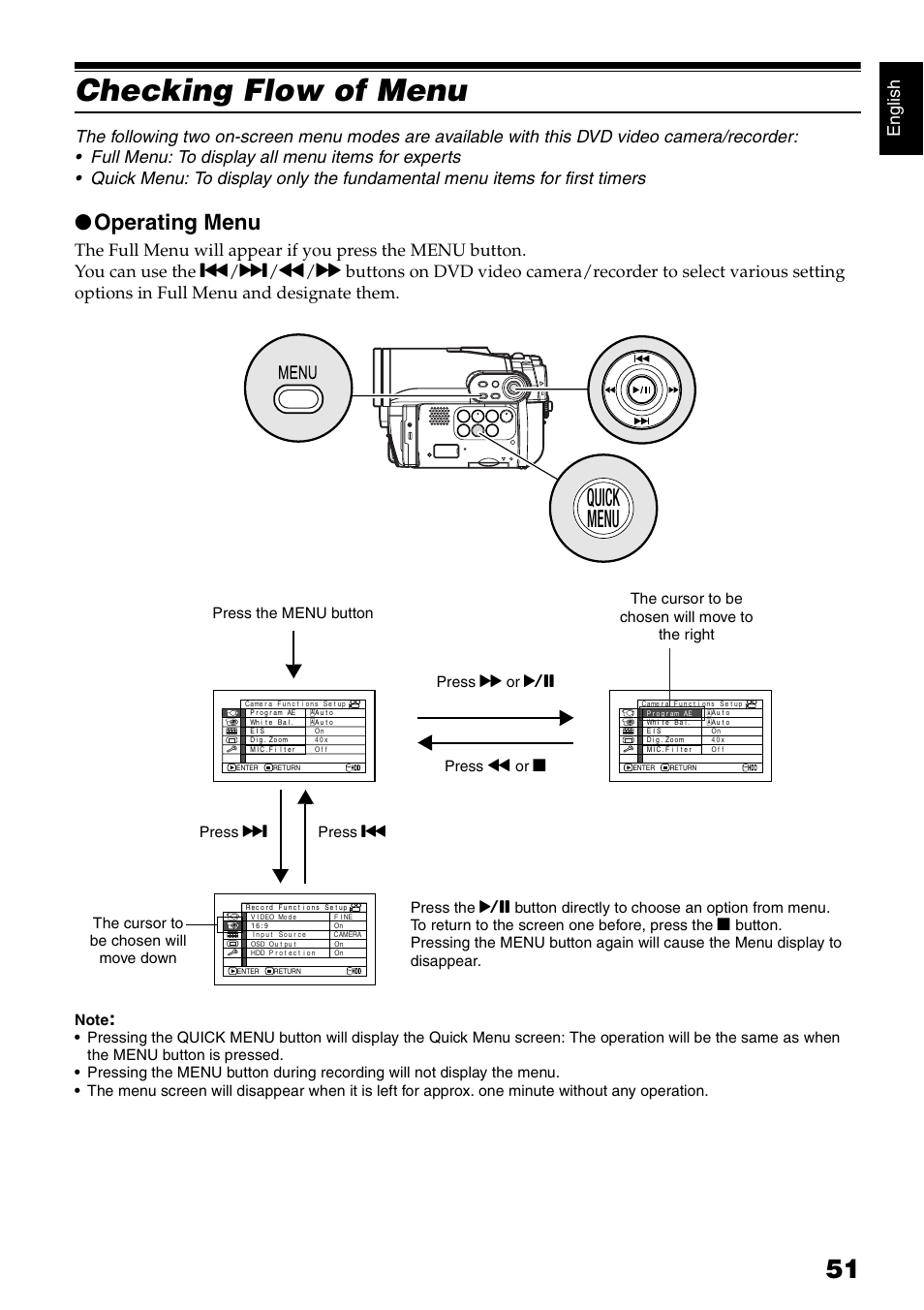 Checking flow of menu, Quick menu, Operating menu | Engli s h | Hitachi DZ-HS300A User Manual | Page 51 / 170
