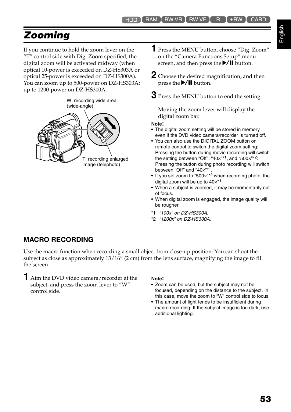 Zooming, Macro recording | Hitachi DZ-HS300A User Manual | Page 53 / 170
