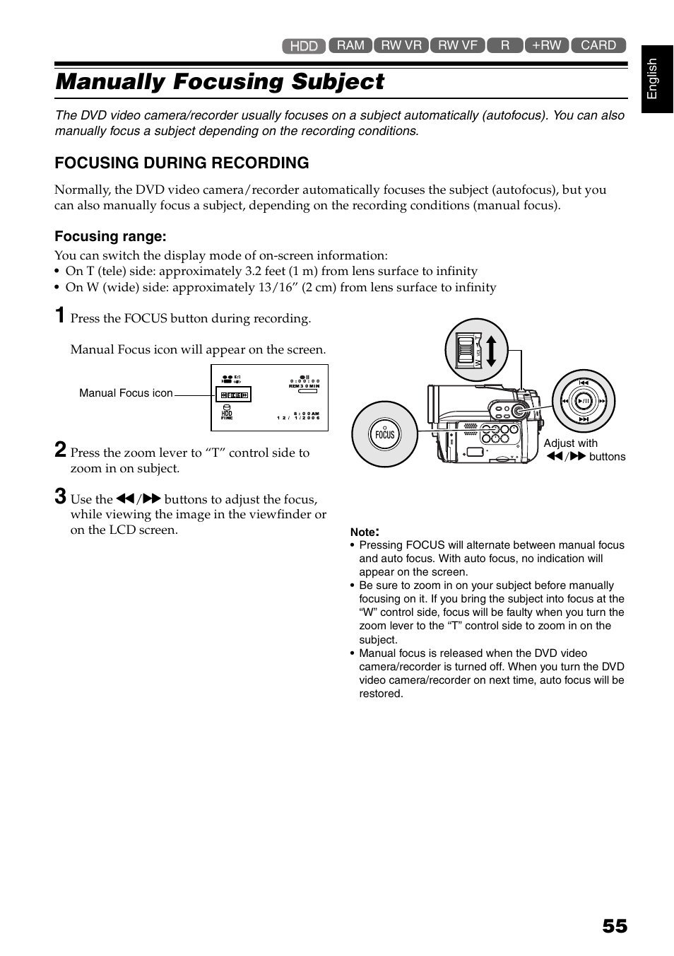 Manually focusing subject, Focusing during recording | Hitachi DZ-HS300A User Manual | Page 55 / 170