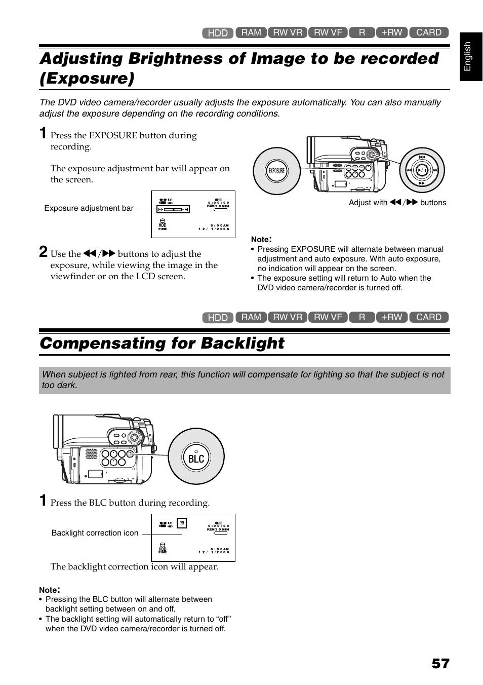 Compensating for backlight 1 | Hitachi DZ-HS300A User Manual | Page 57 / 170