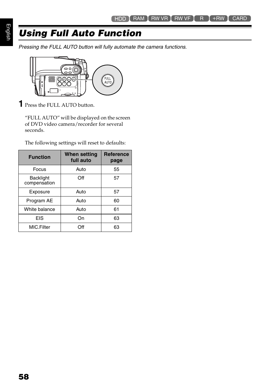 Using full auto function | Hitachi DZ-HS300A User Manual | Page 58 / 170