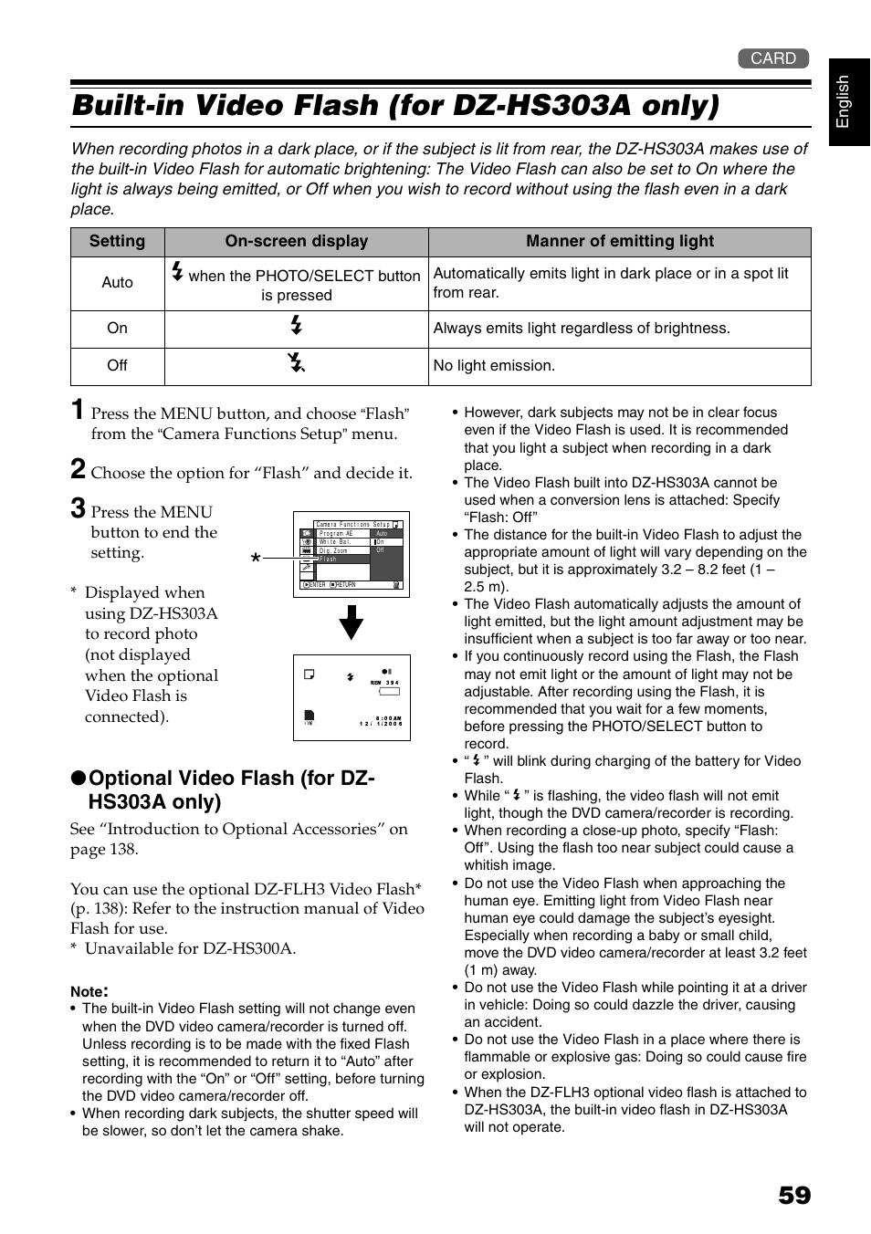 Built-in video flash (for dz-hs303a only), Optional video flash (for dz- hs303a only) | Hitachi DZ-HS300A User Manual | Page 59 / 170