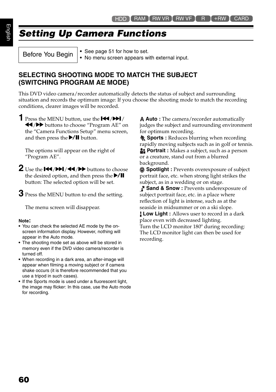 Setting up camera functions | Hitachi DZ-HS300A User Manual | Page 60 / 170