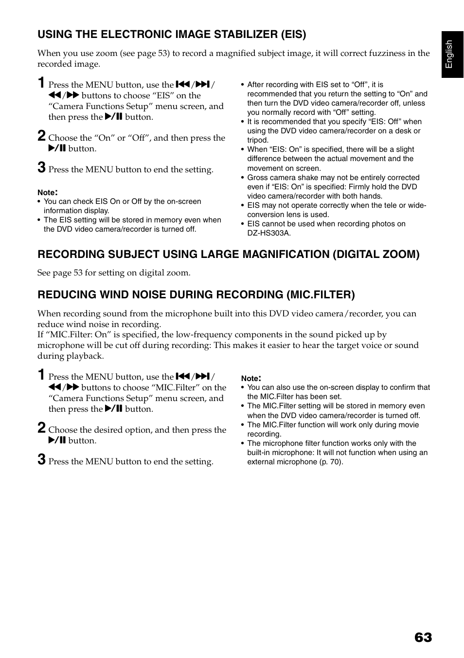 Using the electronic image stabilizer (eis), Reducing wind noise during recording (mic.filter) | Hitachi DZ-HS300A User Manual | Page 63 / 170