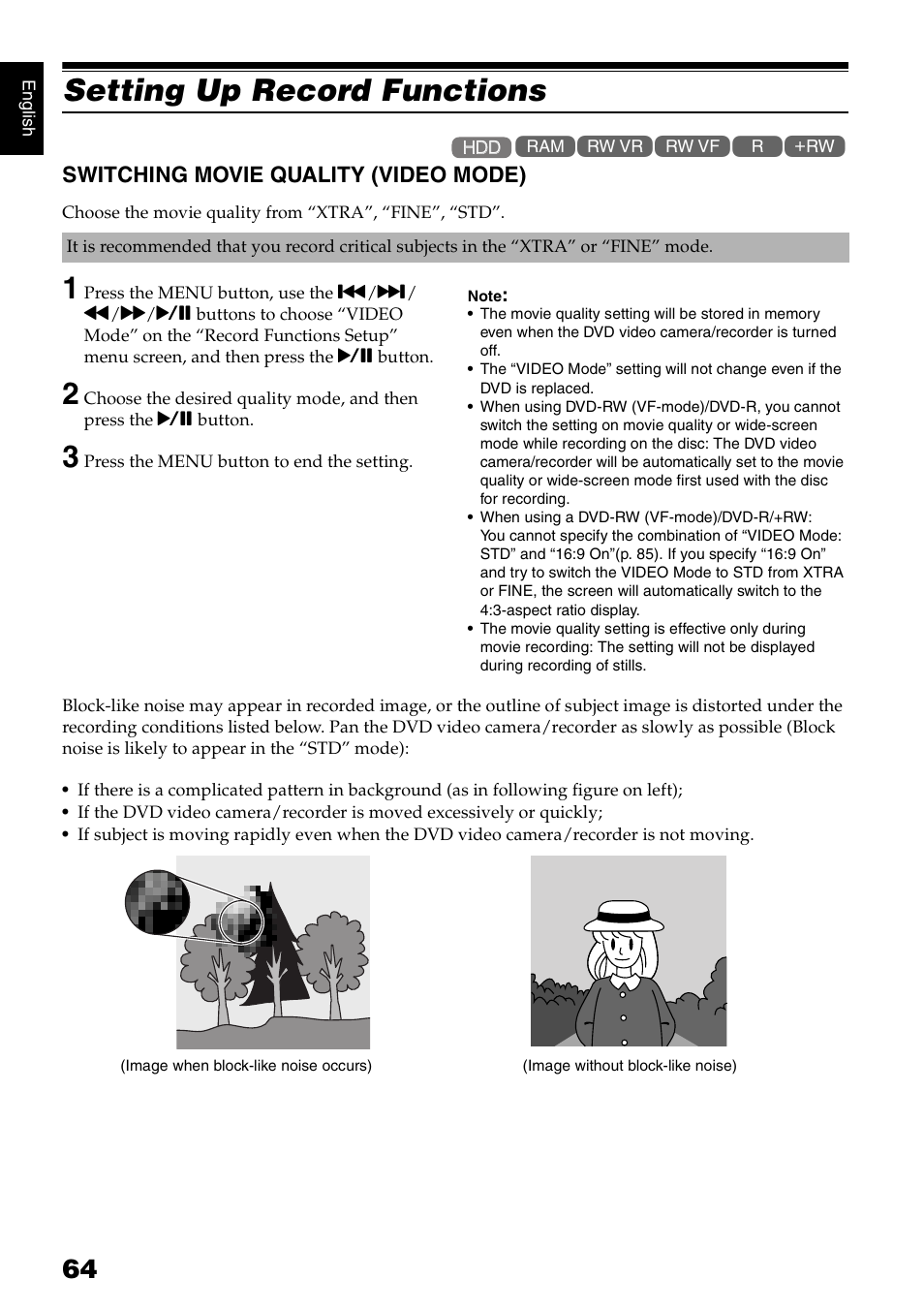 Setting up record functions, Switching movie quality (video mode) | Hitachi DZ-HS300A User Manual | Page 64 / 170