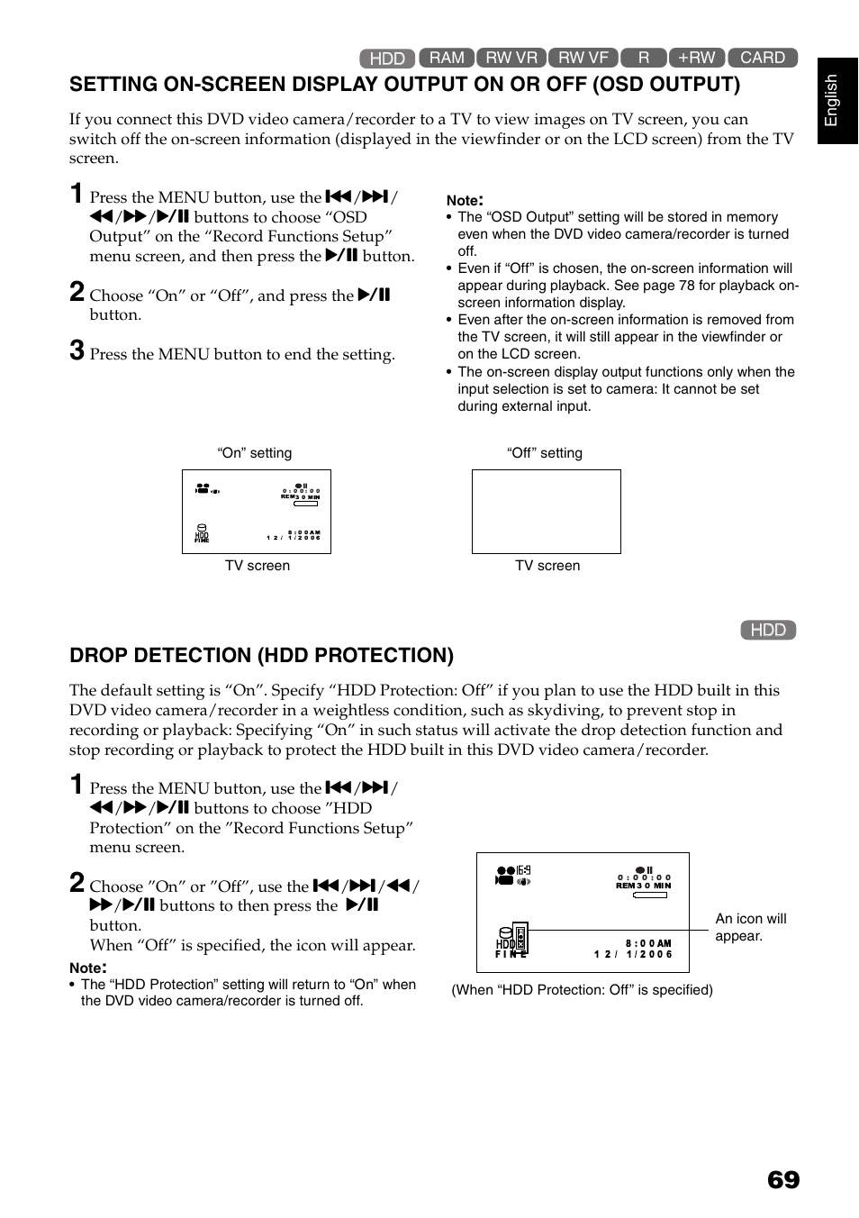 Drop detection (hdd protection) | Hitachi DZ-HS300A User Manual | Page 69 / 170