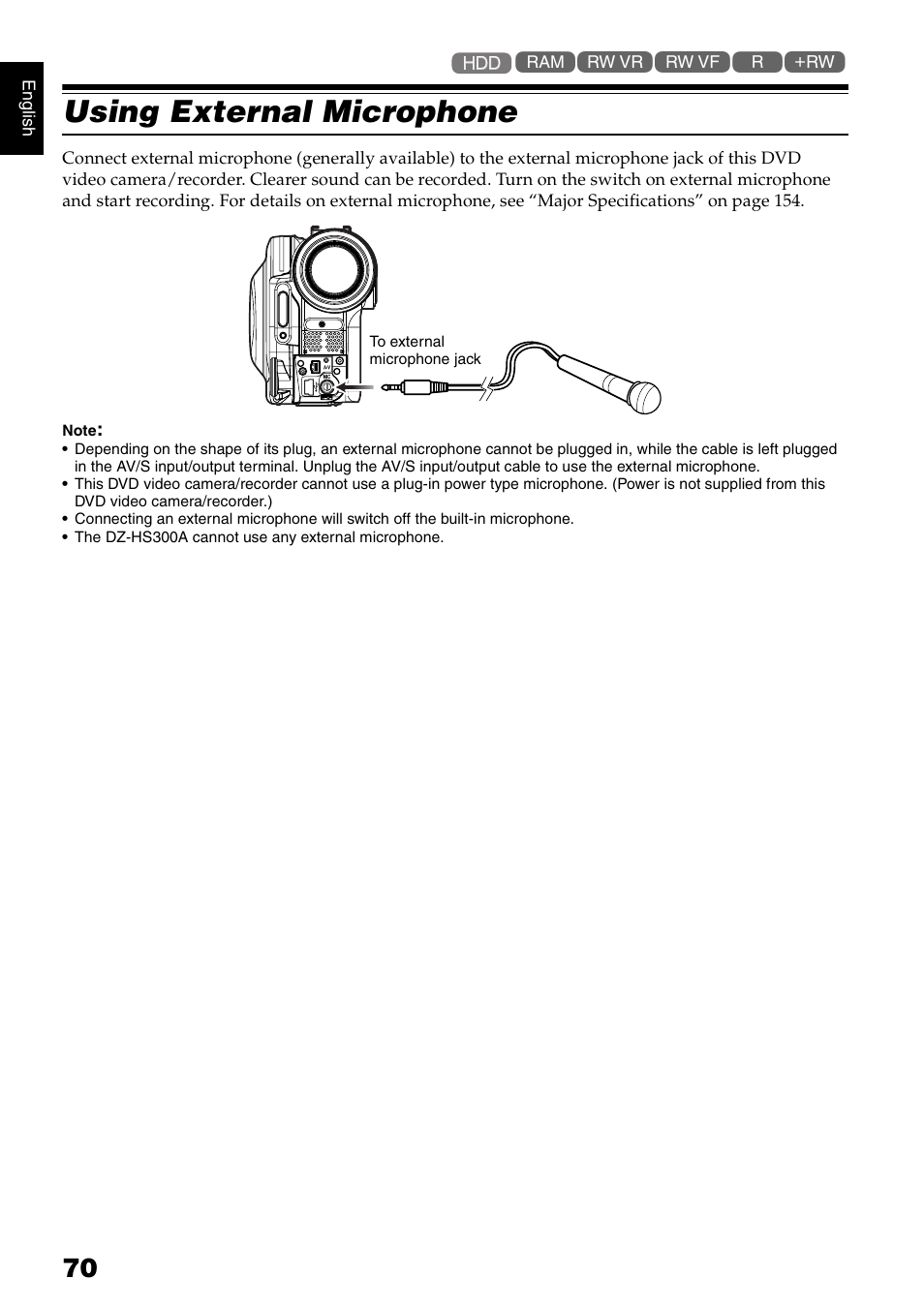 Using external microphone | Hitachi DZ-HS300A User Manual | Page 70 / 170