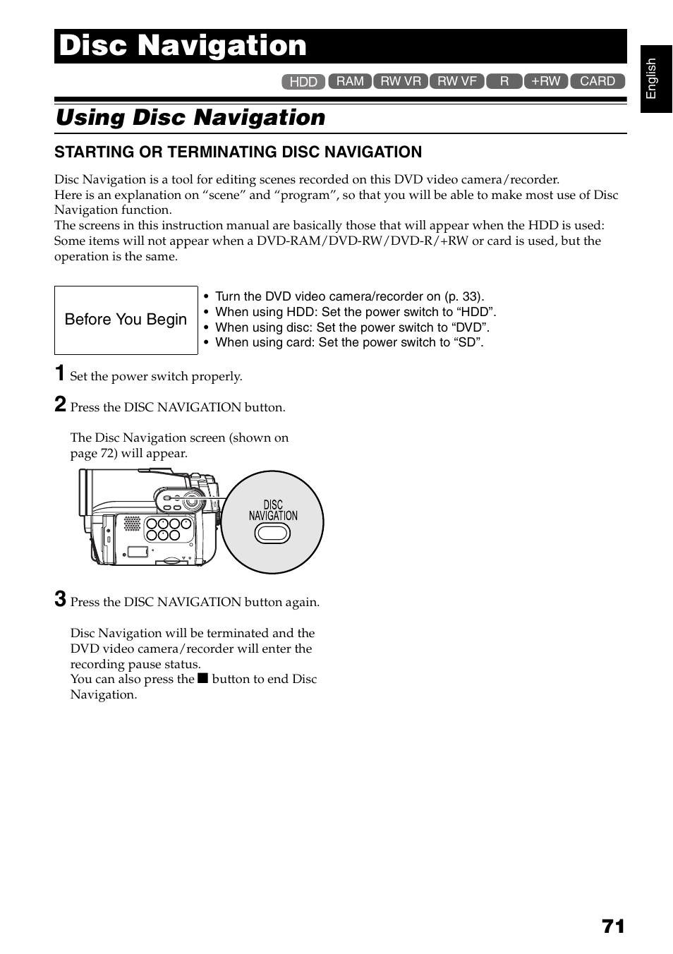 Disc navigation, Using disc navigation | Hitachi DZ-HS300A User Manual | Page 71 / 170