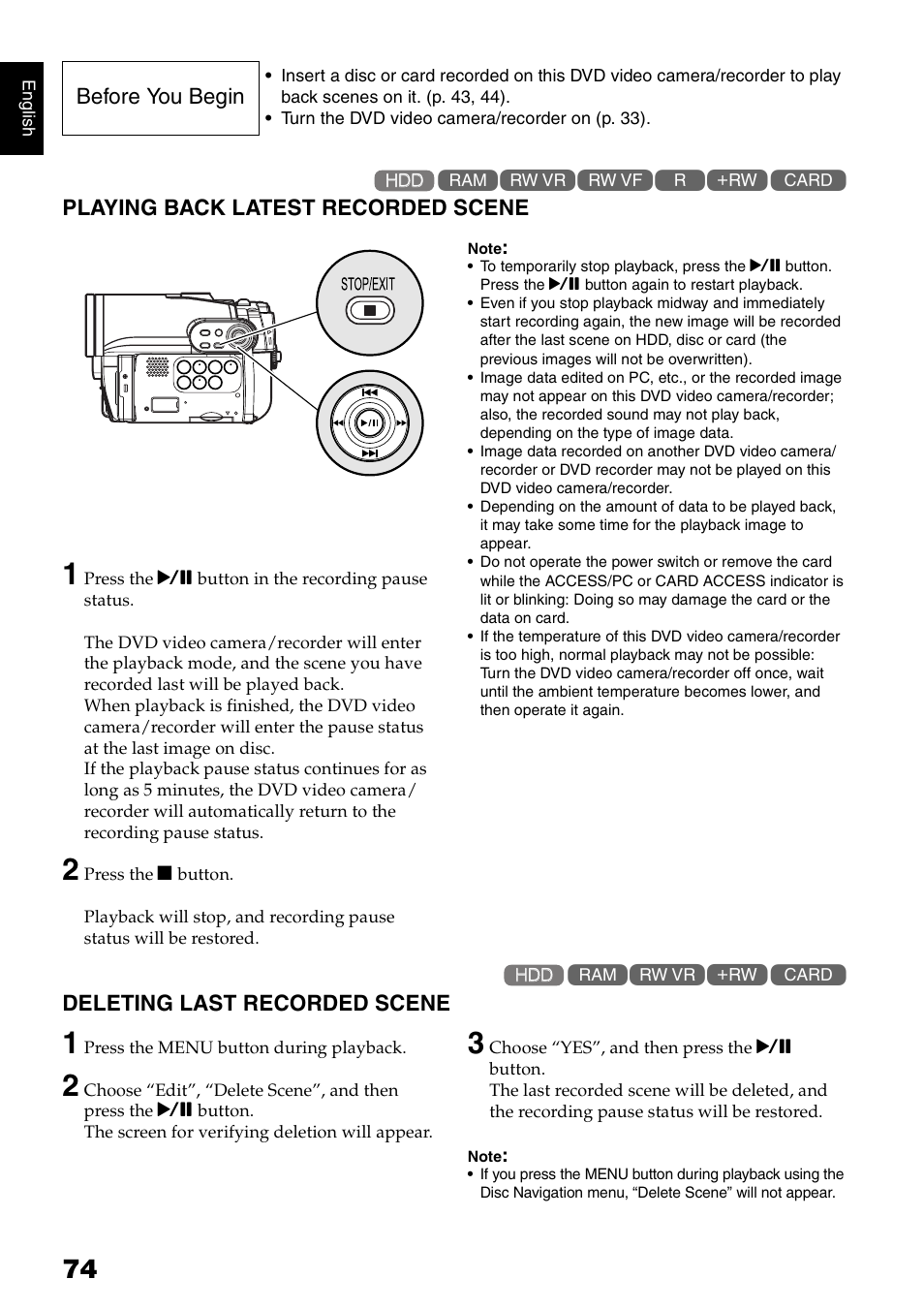 Playing back latest recorded scene, Deleting last recorded scene, Before you begin | Hitachi DZ-HS300A User Manual | Page 74 / 170